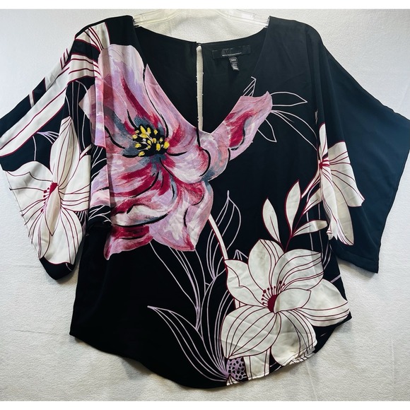 White House Black Market Tops - White House Black Market Floral Blouse Womens Size XXS Black Pink Dolman V-Neck